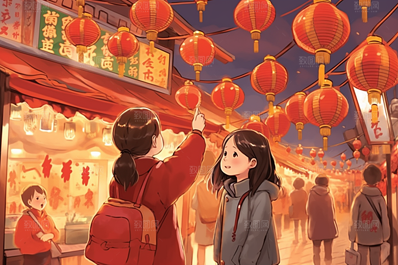 春节买年货喜庆快乐插画