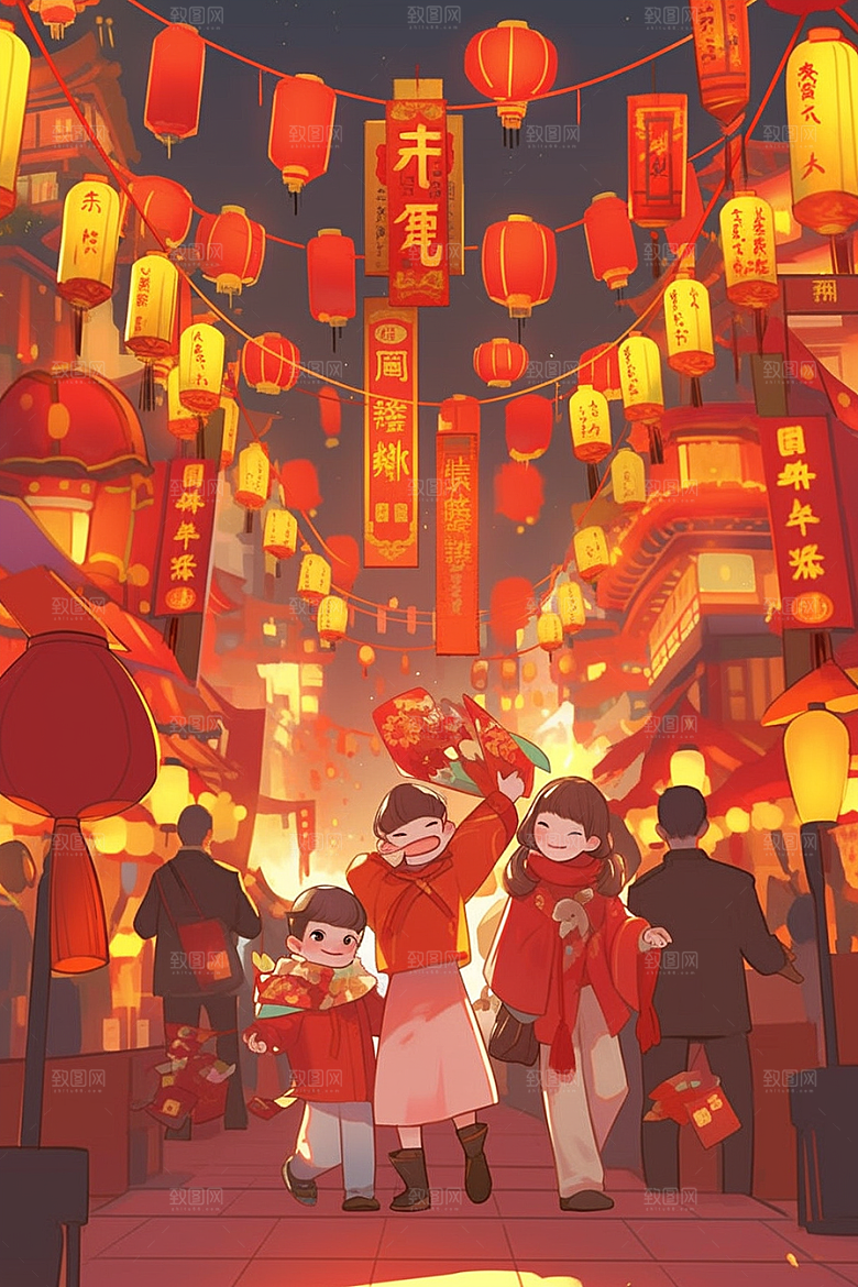 春节买年货过年快乐插画