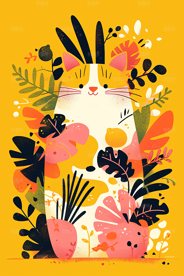 简约宠物猫咪狗狗唯美插画