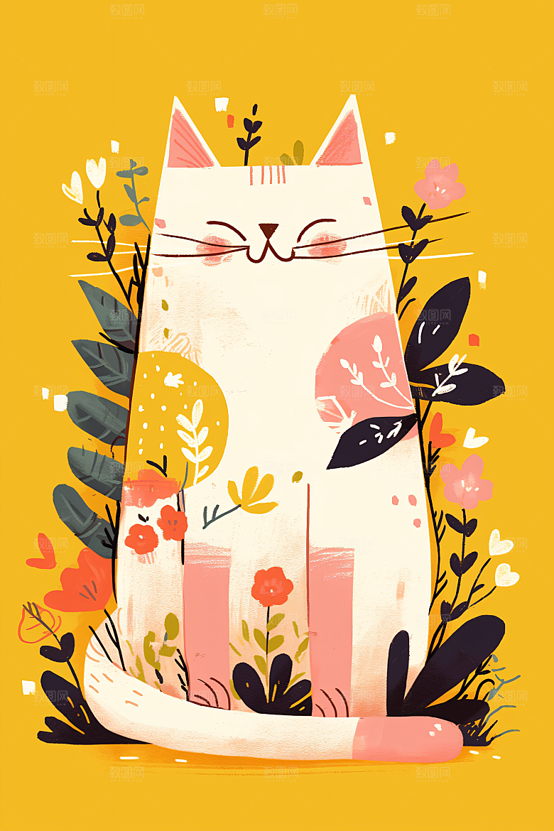 简约宠物猫咪狗狗彩色插画