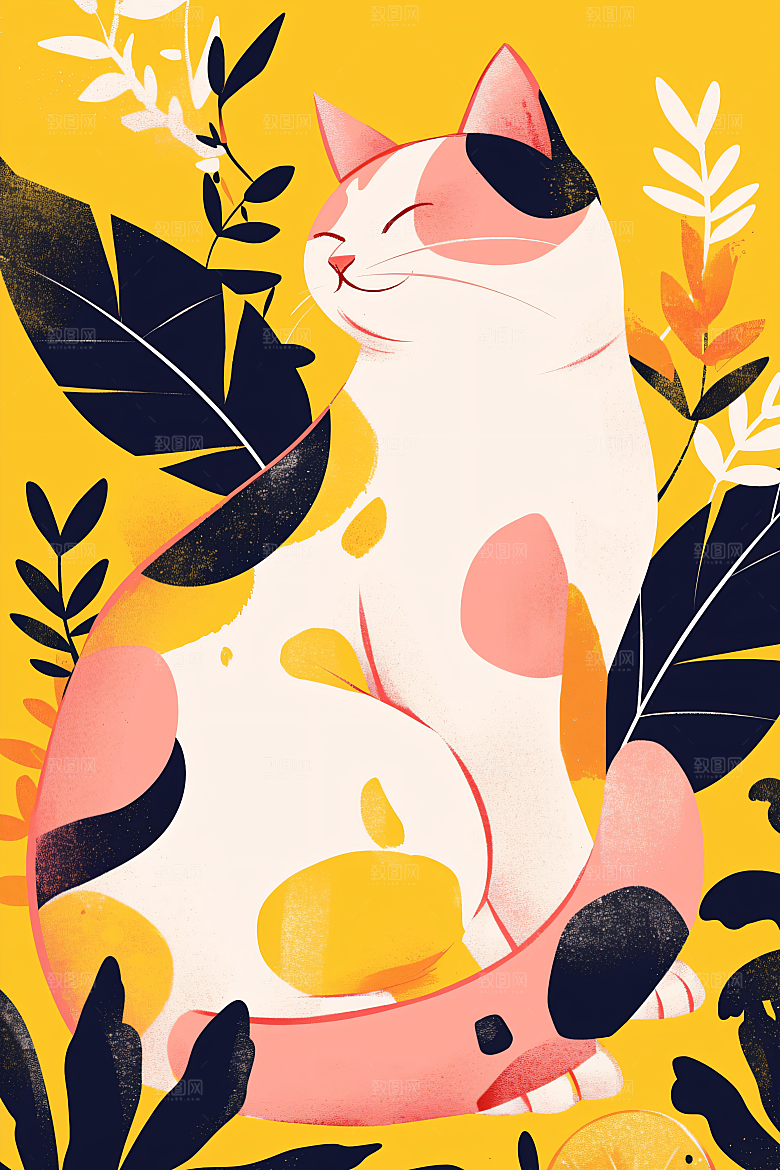 简约宠物猫咪狗狗自然插画