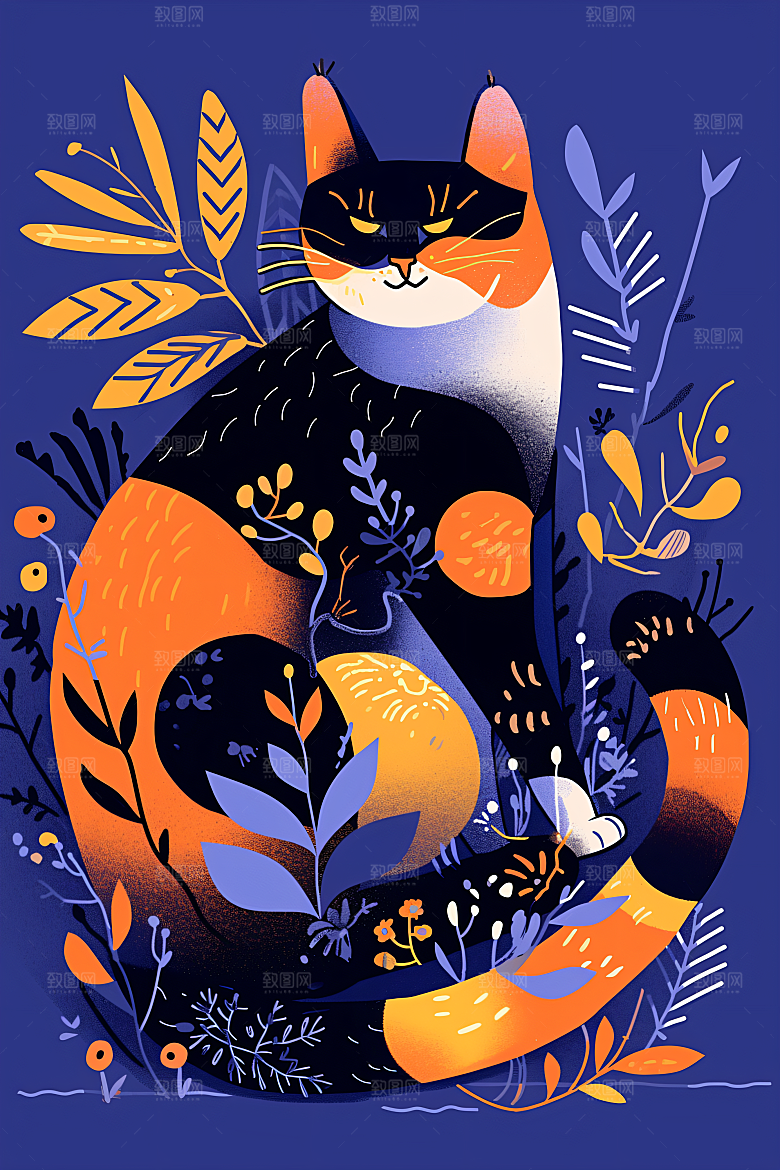 简约宠物猫咪狗狗唯美插画