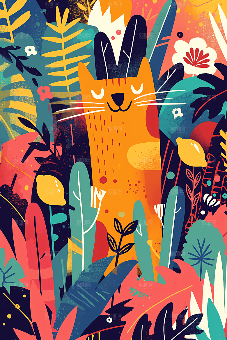 简约宠物猫咪狗狗自然插画