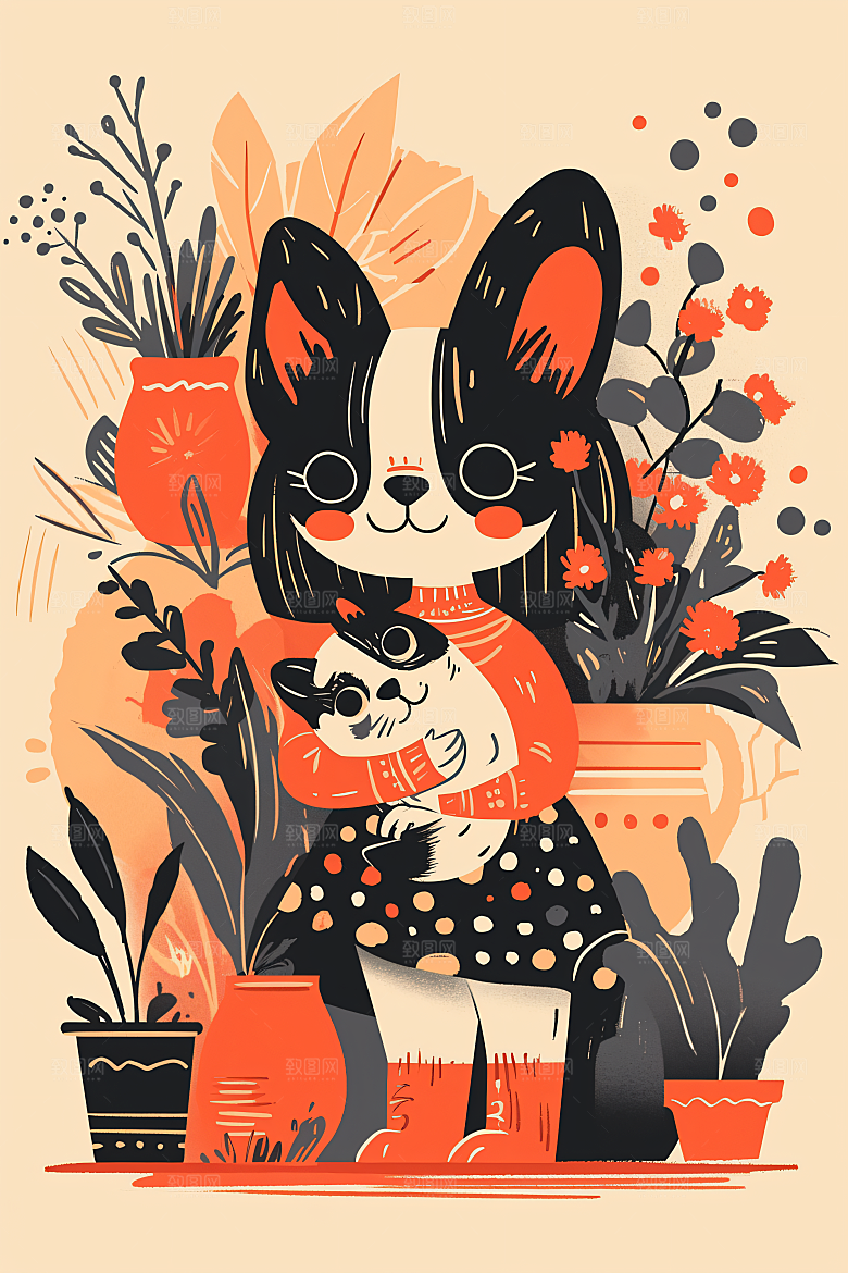 简约宠物卡通猫咪狗狗插画