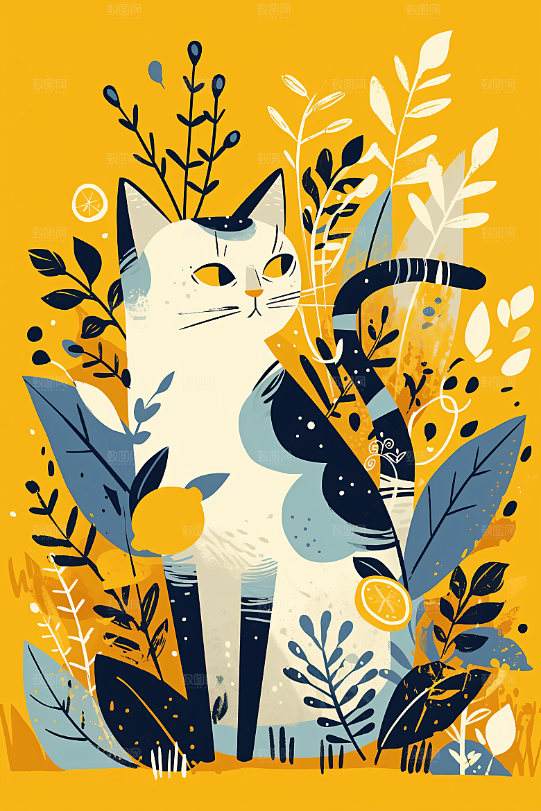 简约宠物猫咪狗狗彩色插画