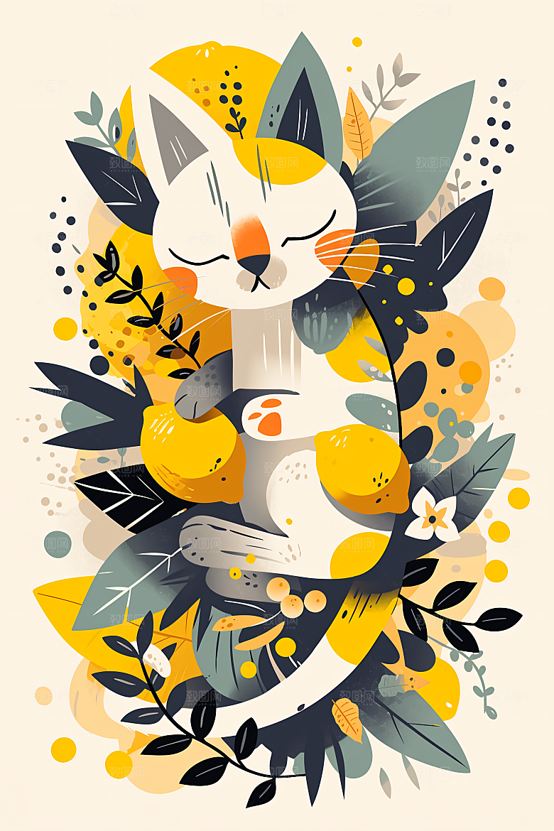 简约宠物猫咪狗狗自然插画
