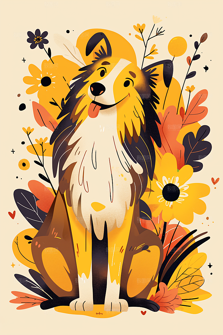 简约宠物猫咪狗狗自然插画