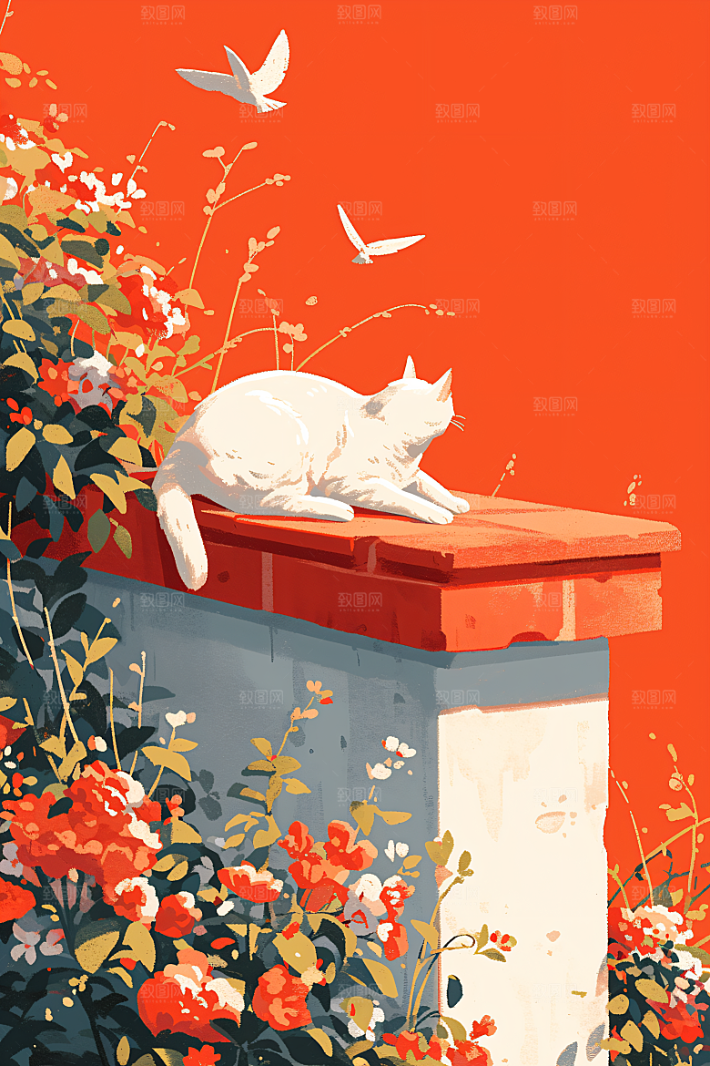 简约宠物猫咪狗狗自然插画