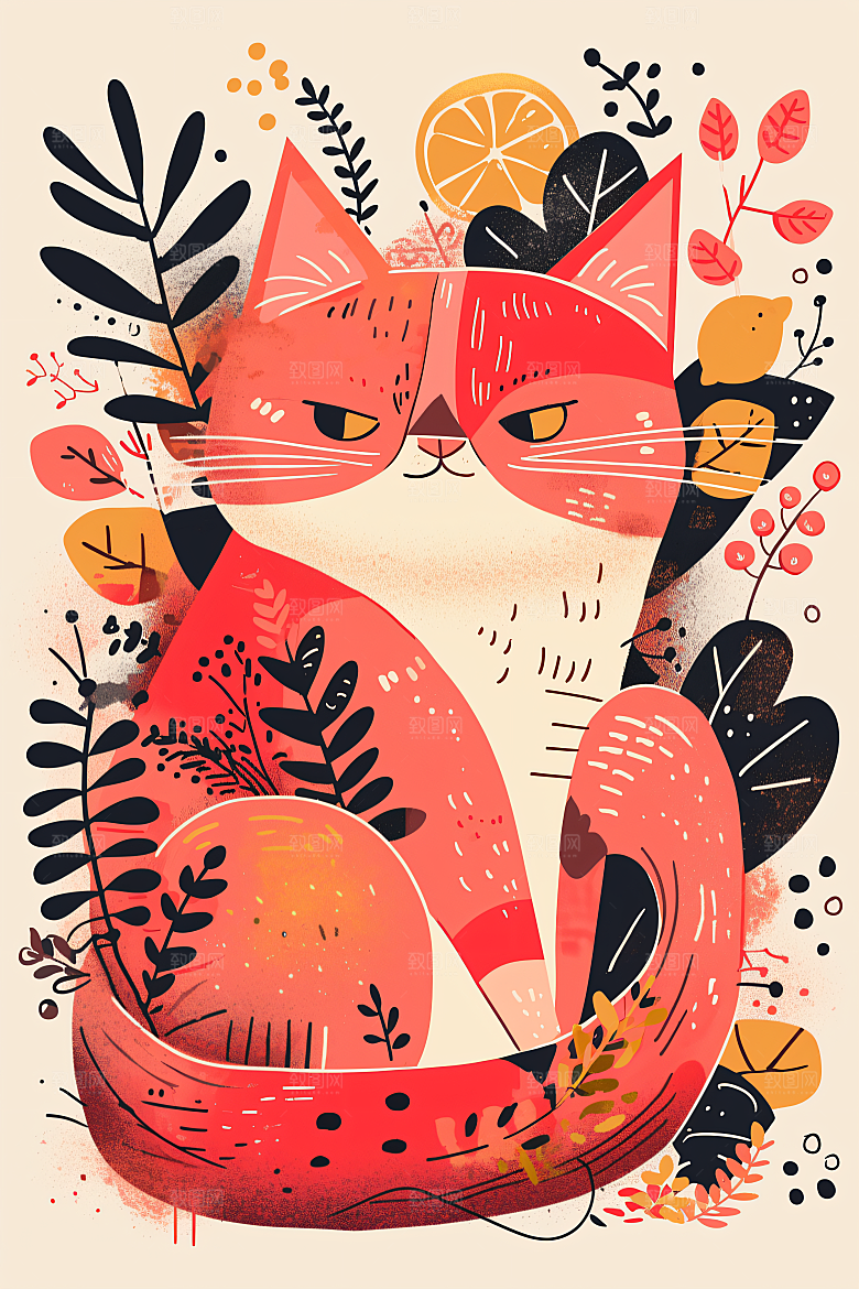 简约宠物猫咪狗狗唯美插画
