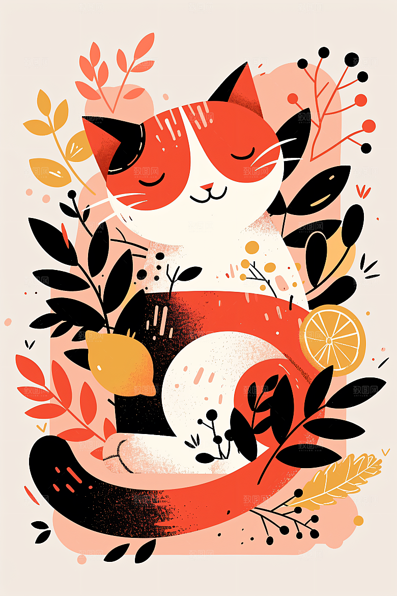 简约宠物猫咪狗狗艺术感插画