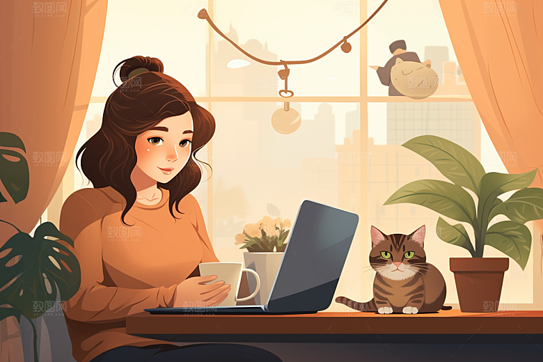 猫咪和少女可爱清新素材