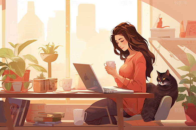 猫咪和少女可爱萌宠素材
