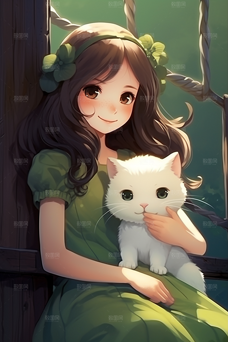 猫咪和少女家居卡通素材