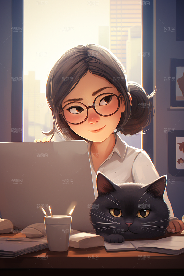 猫咪和少女插画可爱素材