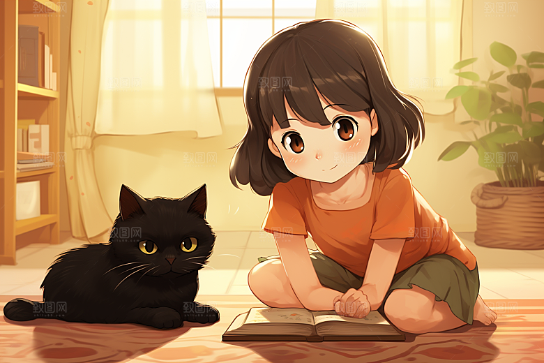 猫咪和少女可爱卡通素材