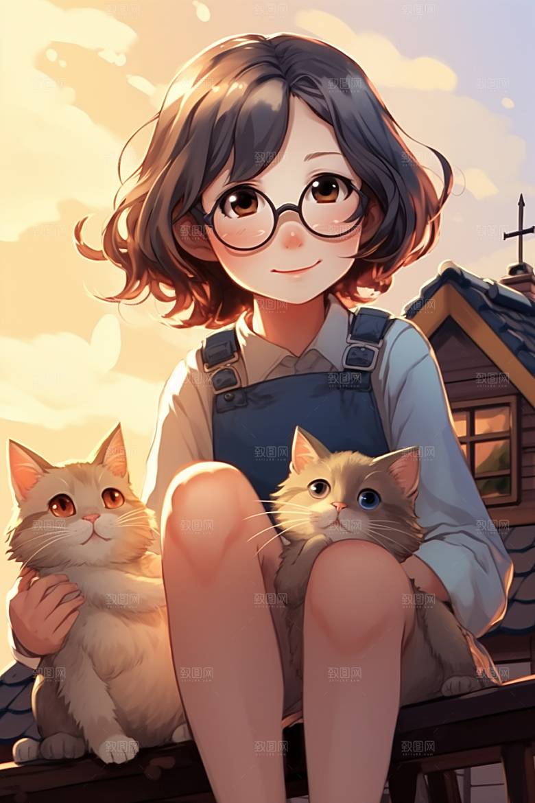 猫咪和少女漫画风萌宠素材