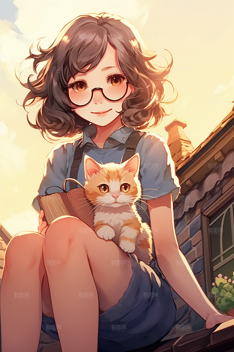 猫咪和少女家居漫画风素材