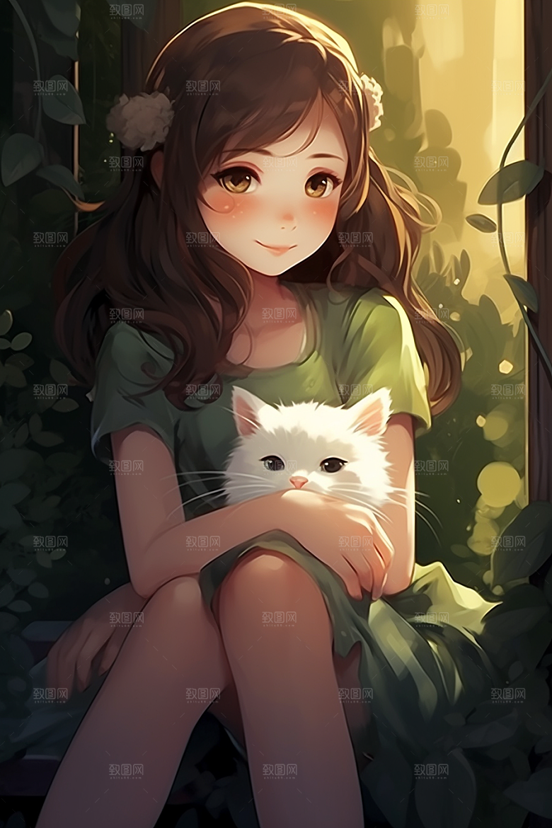 猫咪和少女小猫漫画风素材