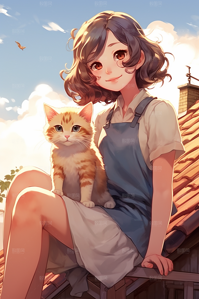猫咪和少女宠物清新素材