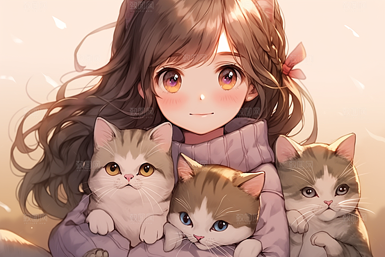 猫咪和少女家居卡通素材
