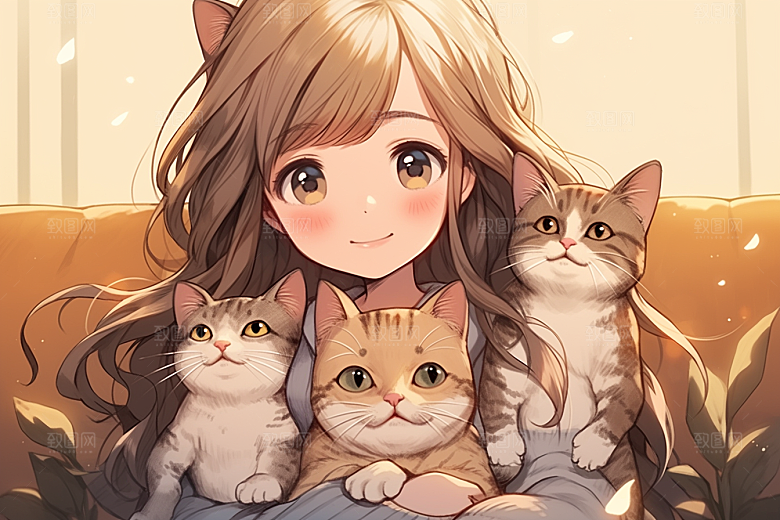 猫咪和少女插画萌宠素材