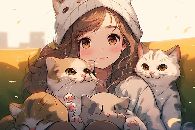 猫咪和少女卡通宠物素材
