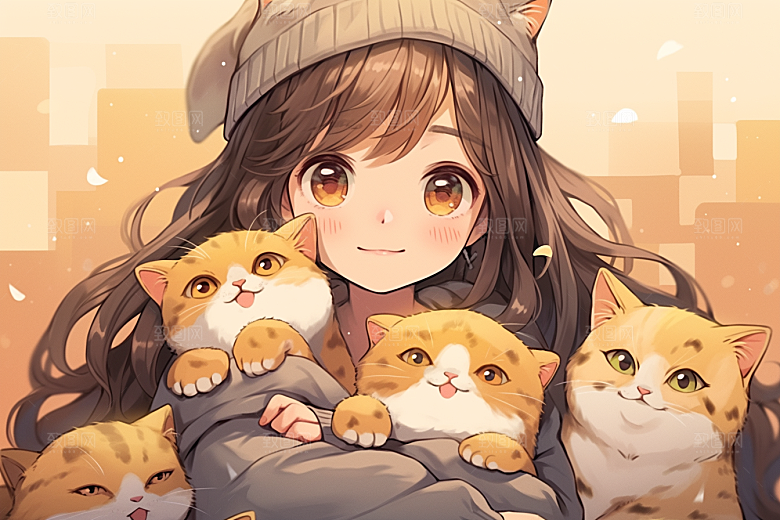 猫咪和少女宠物漫画风素材