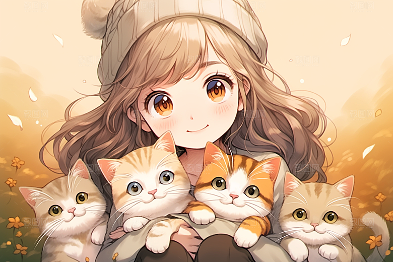 猫咪和少女卡通自然素材