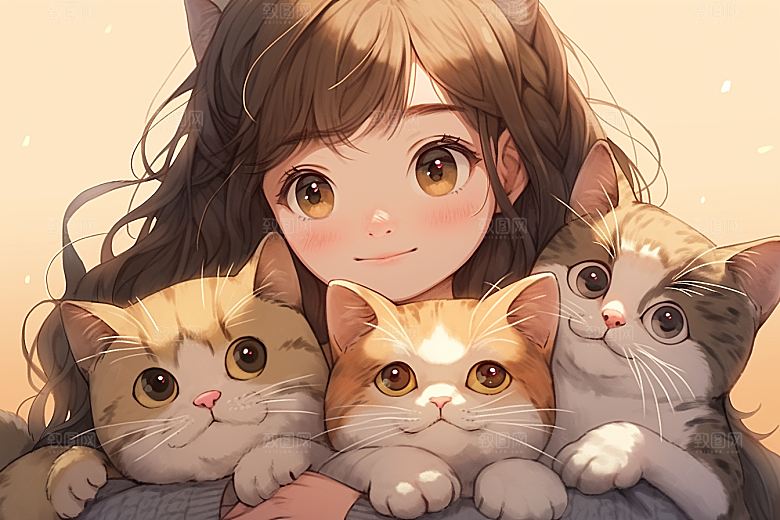 猫咪和少女卡通清新素材