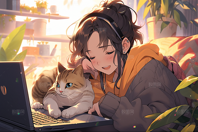 猫咪和少女清新插画素材