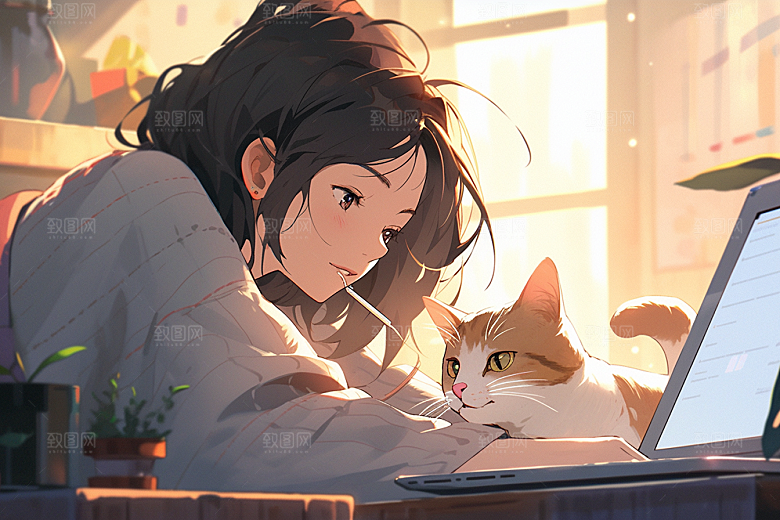 猫咪和少女萌宠清新素材