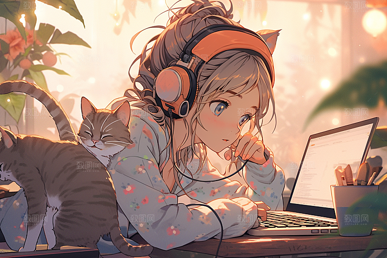 猫咪和少女宠物萌宠素材