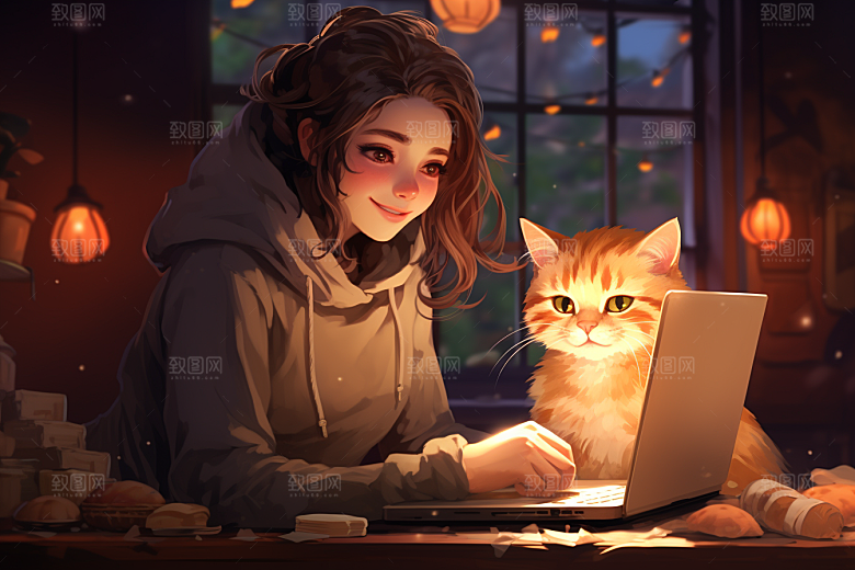猫咪和少女插画家居素材
