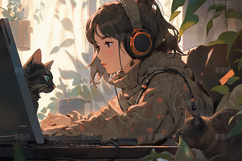 猫咪和少女漫画风生活素材