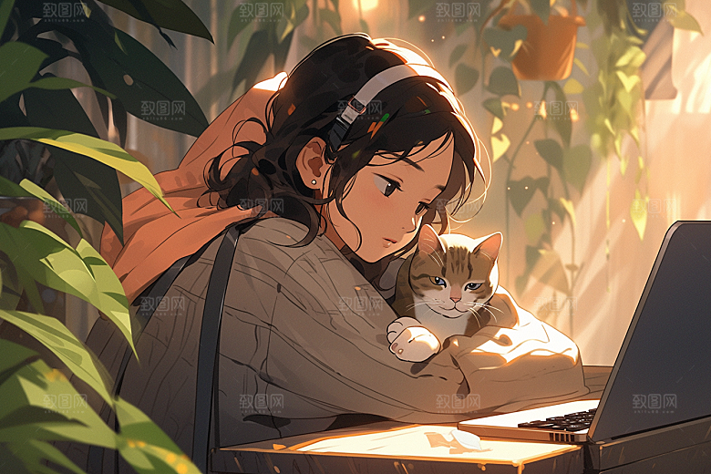 猫咪和少女卡通插画素材