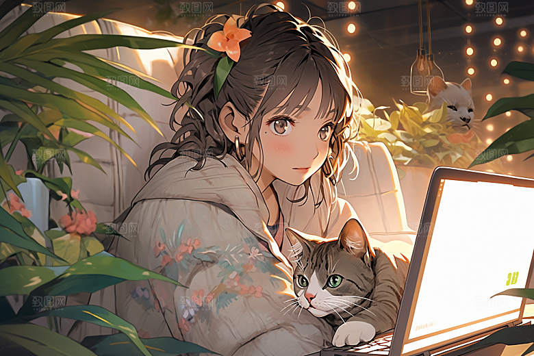 猫咪和少女萌宠漫画风素材