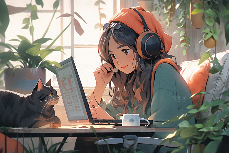 猫咪和少女宠物可爱素材