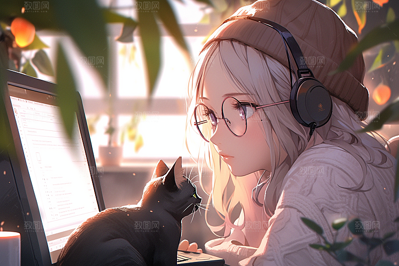猫咪和少女萌宠漫画风素材