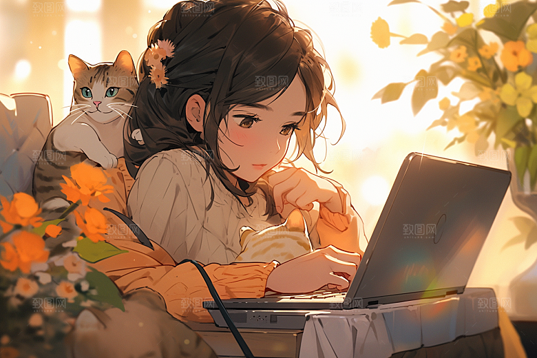 猫咪和少女清新小猫素材