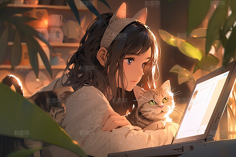 猫咪和少女家居生活素材
