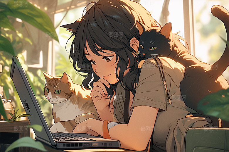 猫咪和少女漫画风萌宠素材
