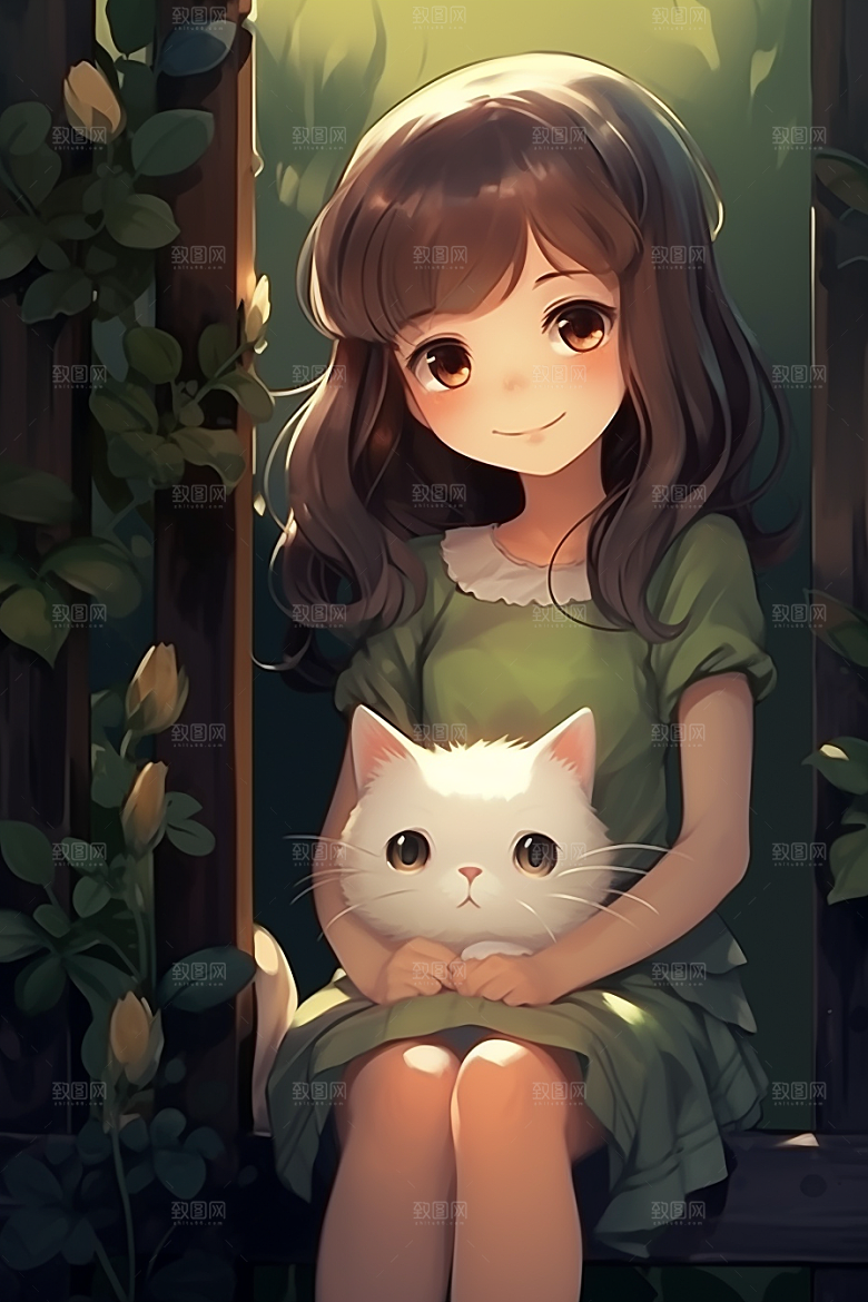 猫咪和少女卡通自然素材