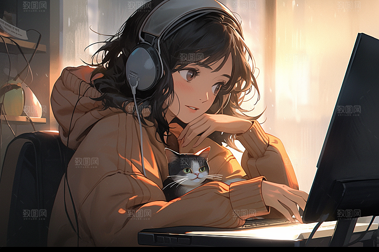 猫咪和少女清新生活素材