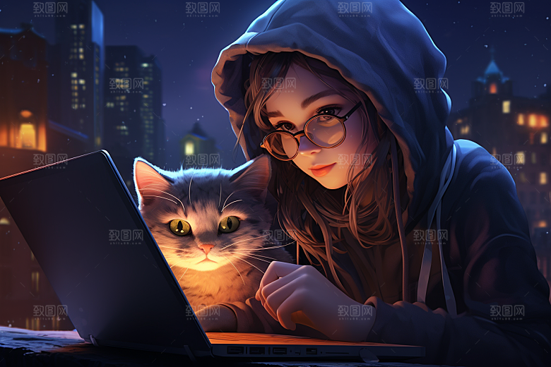 猫咪和少女萌宠自然素材