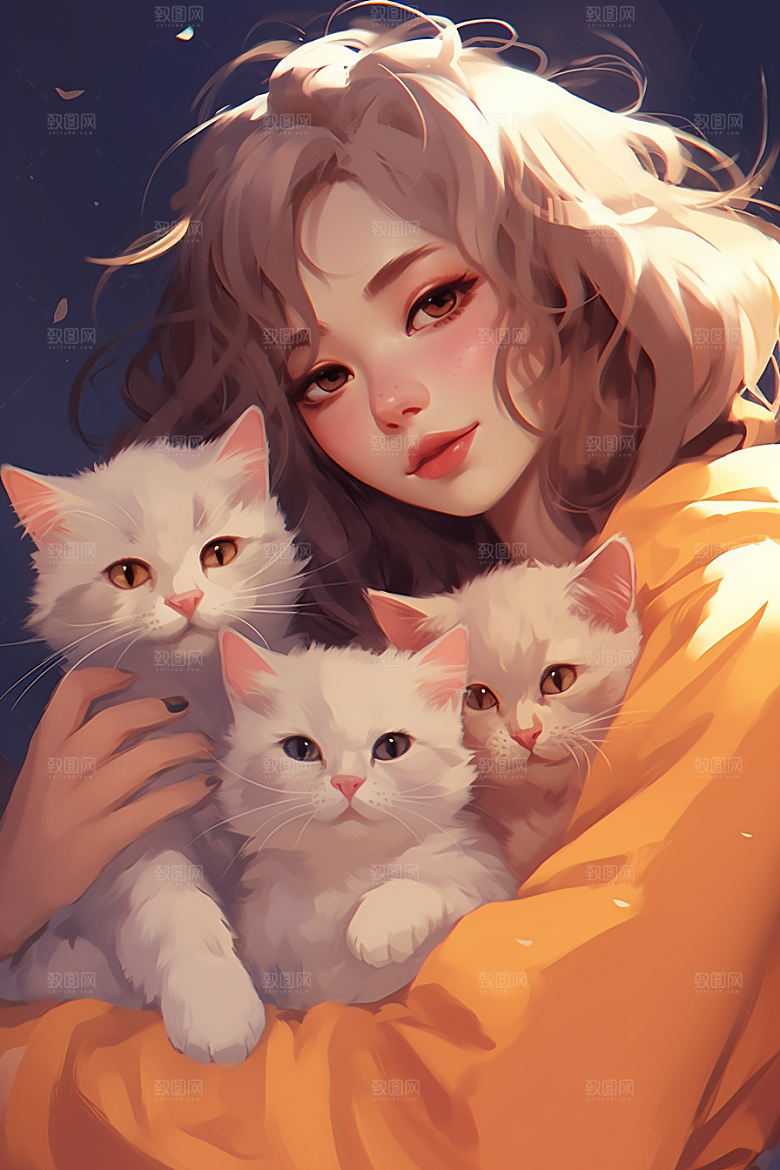猫咪和少女插画漫画风素材