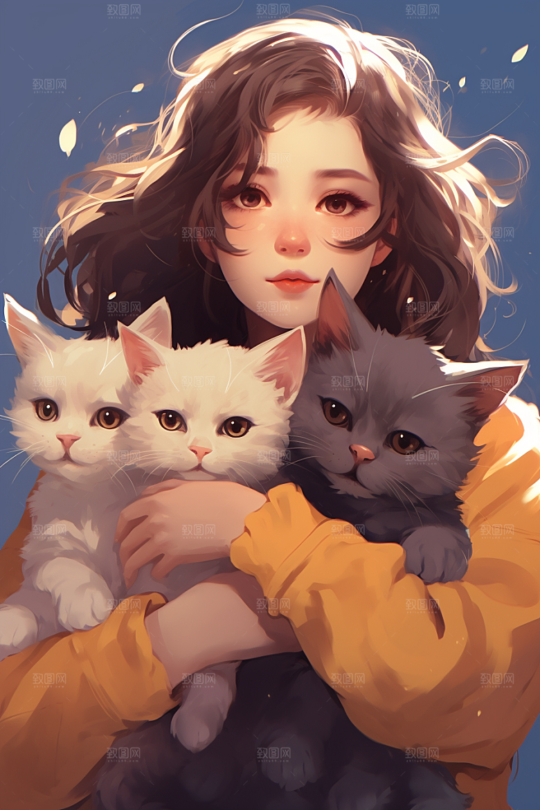 猫咪和少女可爱宠物素材