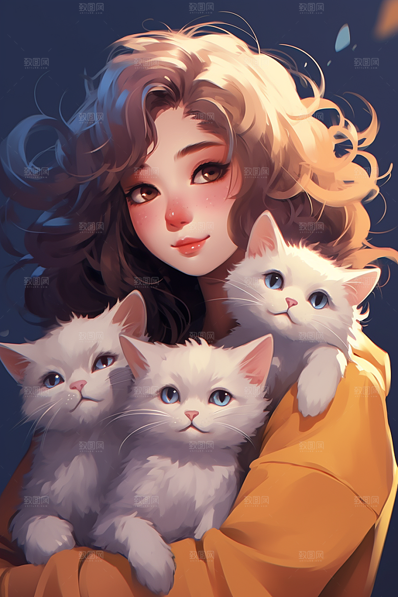 猫咪和少女家居生活素材