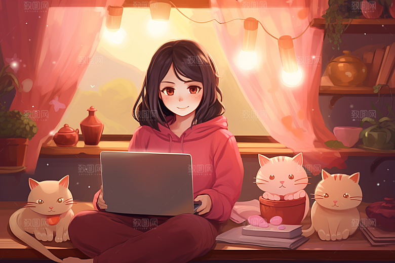 猫咪和少女自然宠物素材
