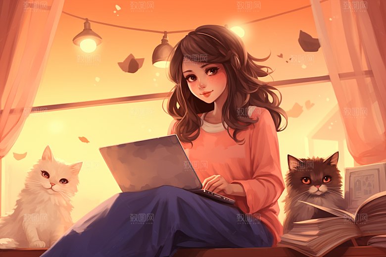 猫咪和少女卡通小猫素材