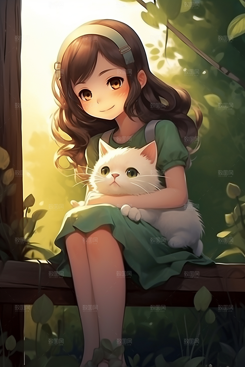 猫咪和少女自然卡通素材